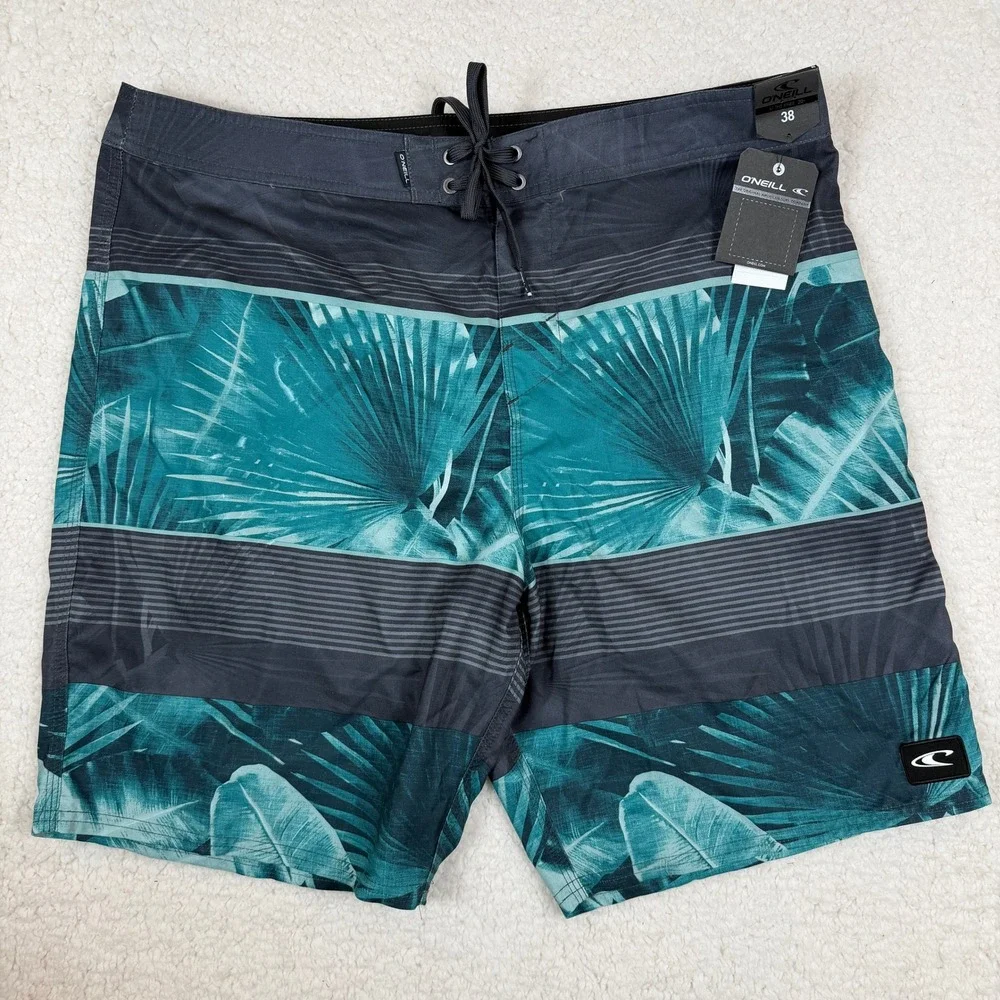 ONeill NWT Mens‎ Board Shorts 38 Teal Grey Tropical Palm Stripe Swim Trunks 20in